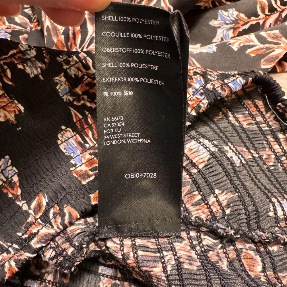 Free People Santiago Print‎ Black Floral Smocked Cropped Peasant Blouse Large L